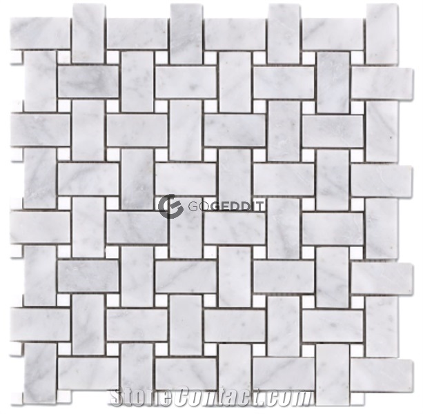 Carrara White 1x2" Basketweave Thassos Dot Mosaic