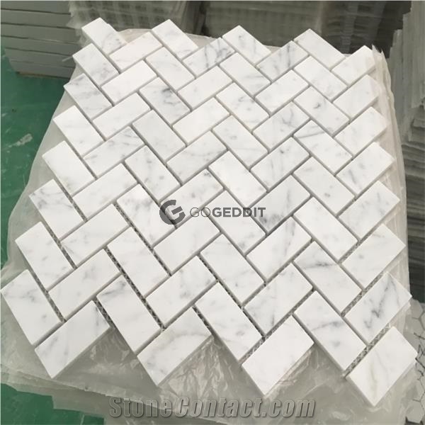 Carrara White Honed 1x2 Herringbone Marble Mosaic From China Honed 1x2 Herringbone Marble Mosaic