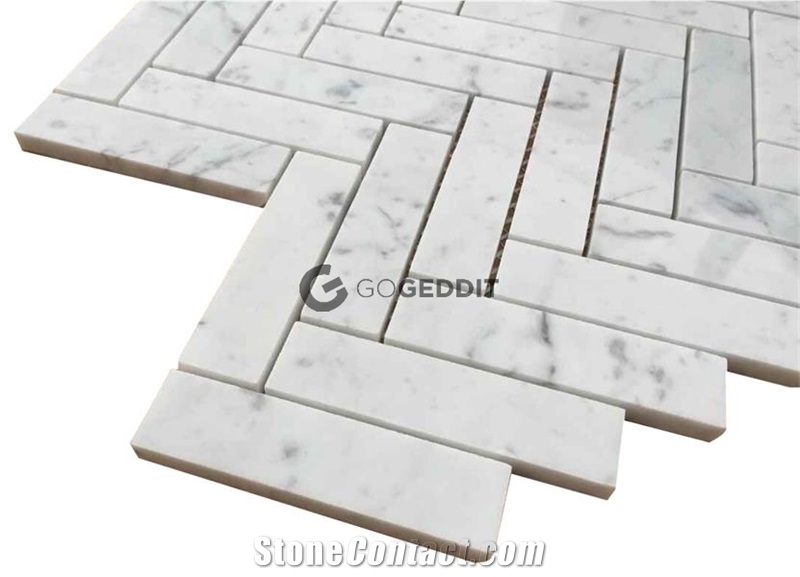 Carrara White Honed 1x4 Herringbone Marble Mosaic