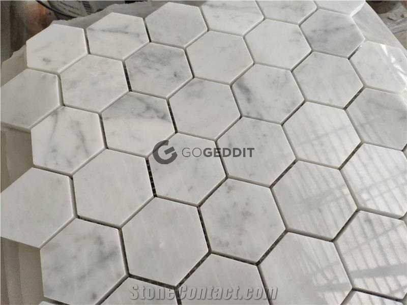 Carrara White Honed 3" Hexagon Marble Mosaic Tile