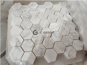 Carrera White Honed 3" Hexagon Marble Mosaic Tile