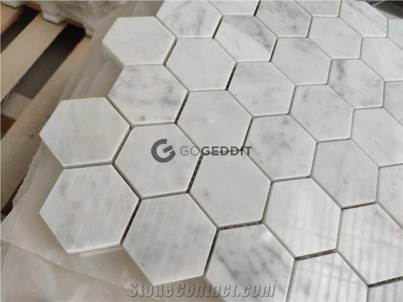 Carrera White Polished 3" Hexagon Marble Mosaic