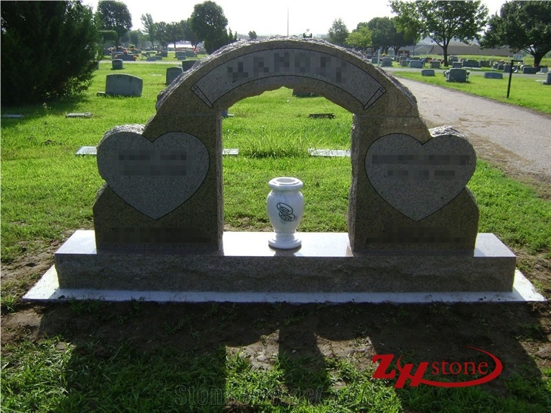 Double Heart&Arched Door Brown Granite Headstone