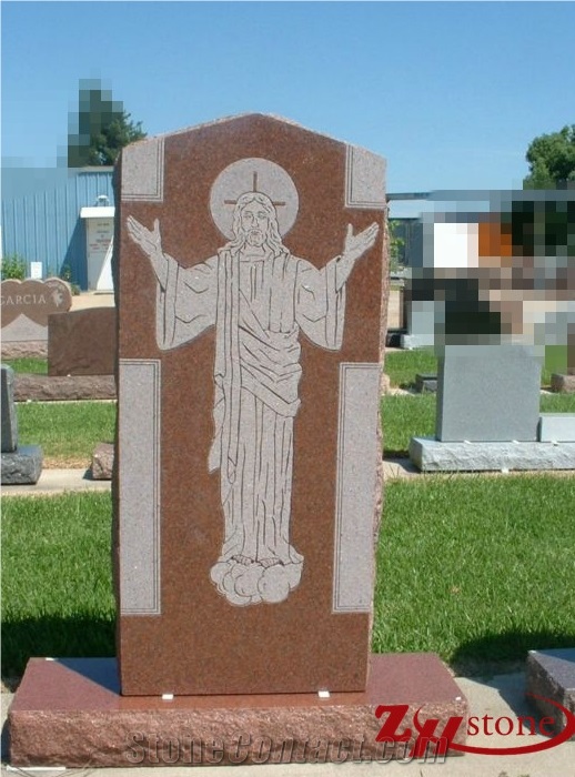 Tianshan Red Granite Jesus Engraved Headstones