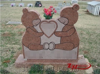 Two Bear Holding Heart India Red Granite Headstone