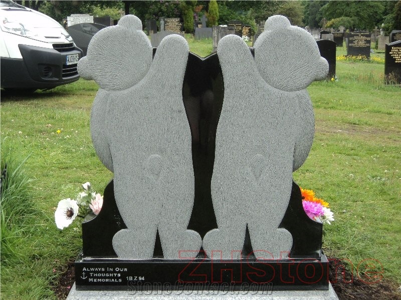 Twoteddies&Heart Platinum Black Granite Headstone