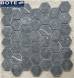 Nero Marquina Marble Hexagon Mosaic Tiles Tumbled