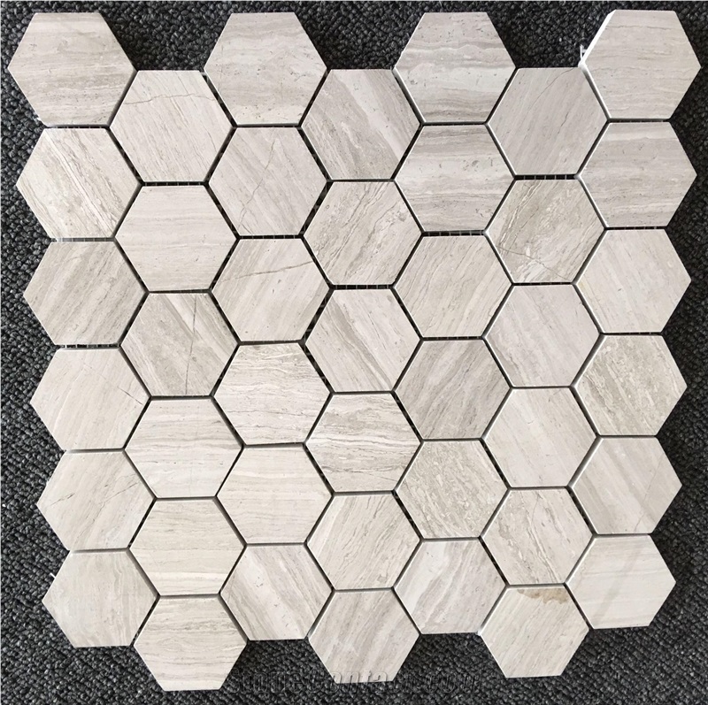 Grey Wooden Vein Hexagon Mosaic Pattern Tiles