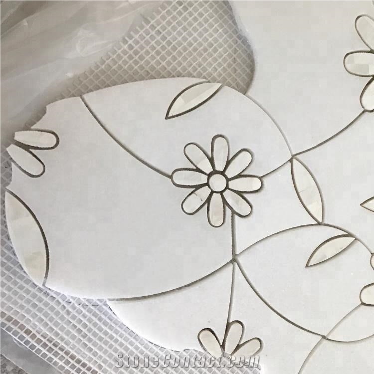 Water Jet Flower Style White Marble Stone Mosaic