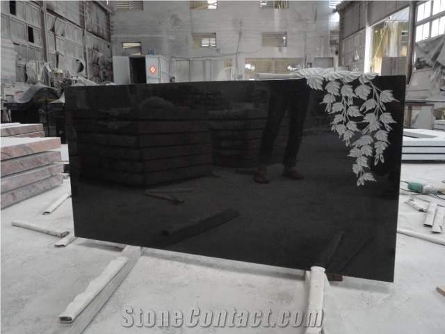 Absolute Black Granite Monument with Leaves
