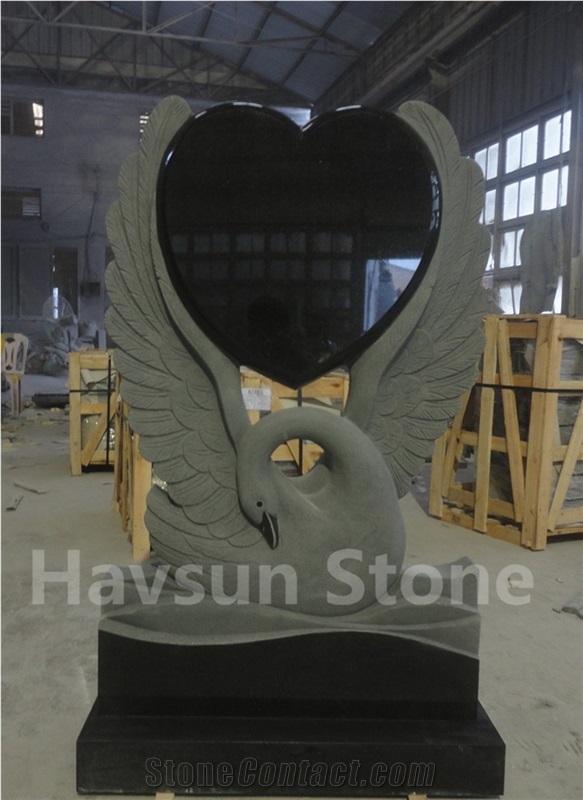 Carved Swan with Heart Black Memorial Monuments