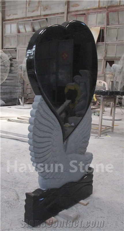 Custom Black Granite Engraved Swan Heart Tombstone