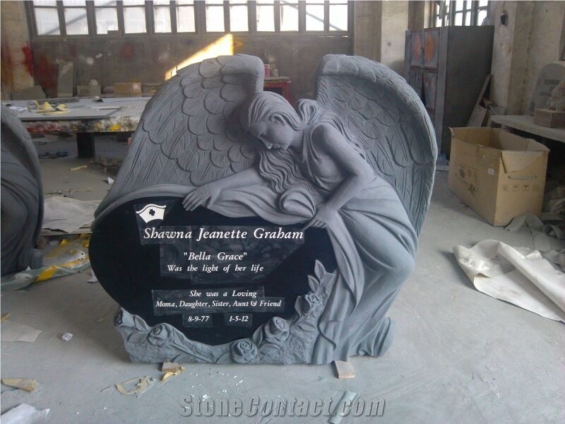Custom Carved Black Angel Heart Headstone Monument