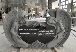 Custom Carved Black Angel Heart Headstone Monument