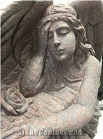 Red Engraved Winged Angel Monument & Tombstone