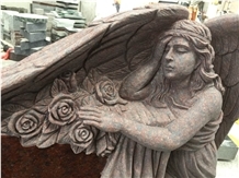 Red Engraved Winged Angel Monument & Tombstone