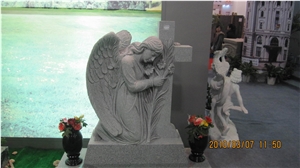 White Kneeling Angel Cross Headstone Monument