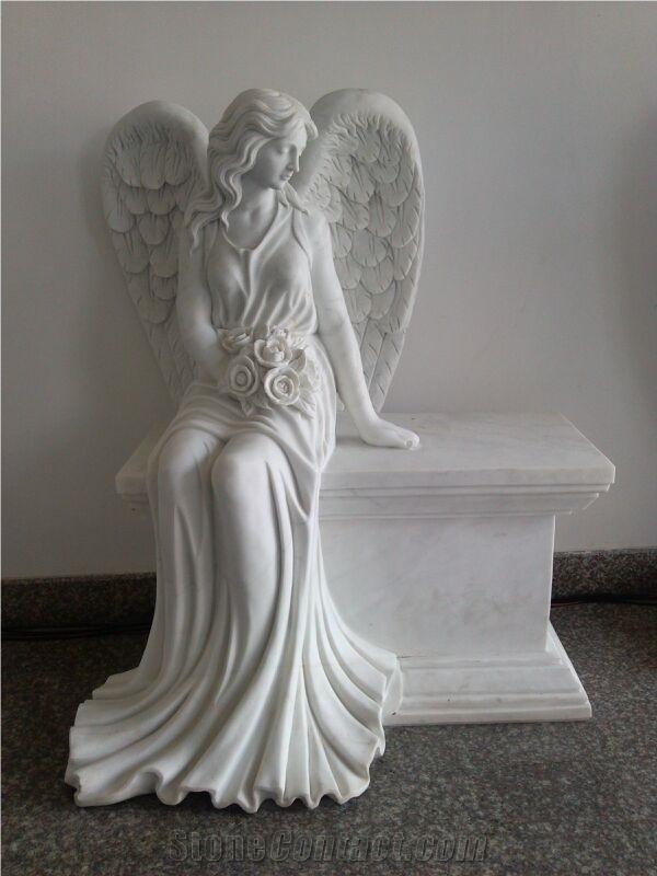 White Marble Angel Cross Monument Headstone