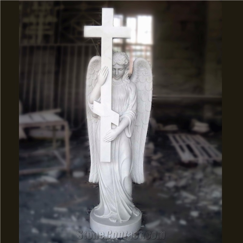 White Marble Angel with Cross Sculpture Statue