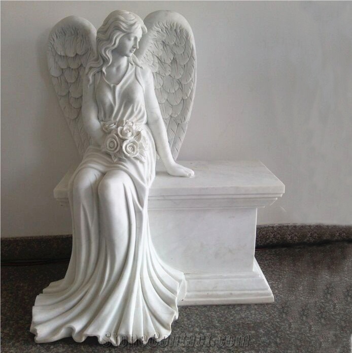 White Marble Angel with Wings Sculpture & Statue
