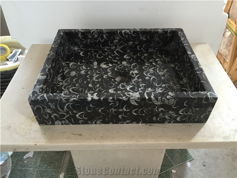 Black Sea Shell Marble Bath Single Rectangle Sink