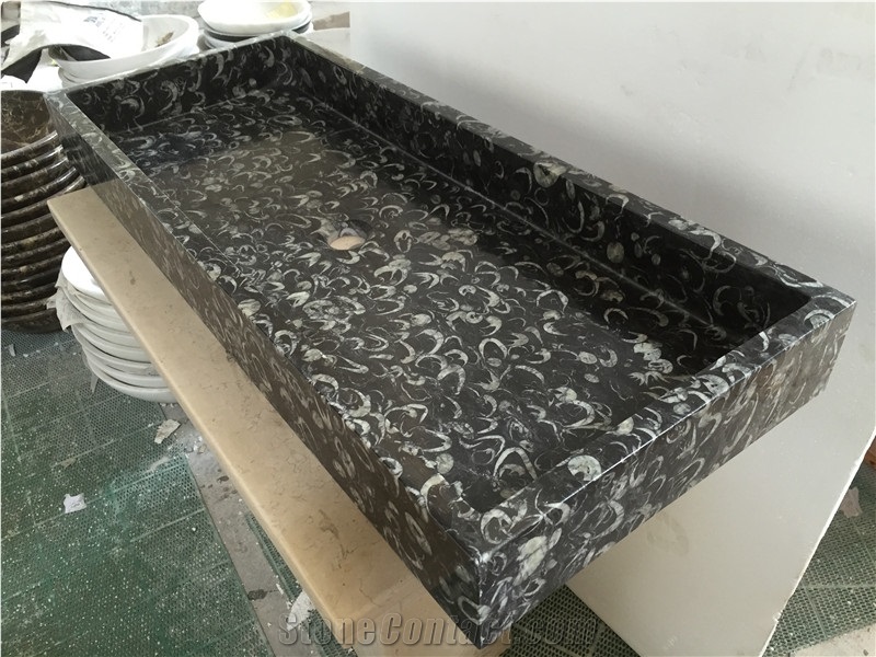Black Sea Shell Marble Bathroom Double Vessel Sink