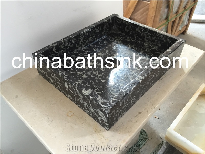 China Black Fossil Flower Sink, Black Marble Basin