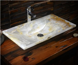 China White Onyx Pedestal Sink,Stone Wash Basin