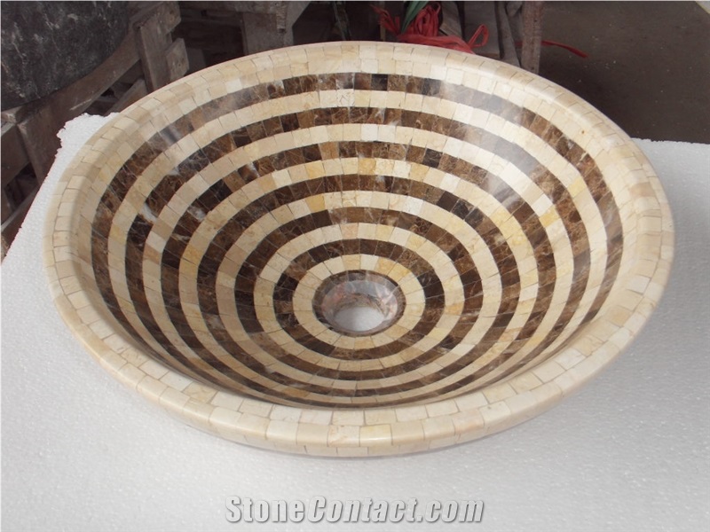 Marble Mosaic Vessel Sink, Mosaic Round Wash Bowls