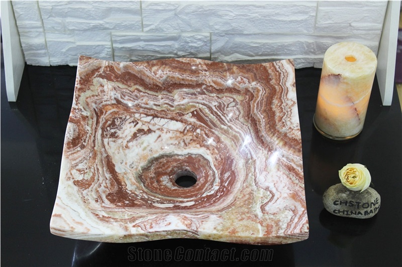 Red Onyx Bath Square Wash Basin Stone Vessel Sinks