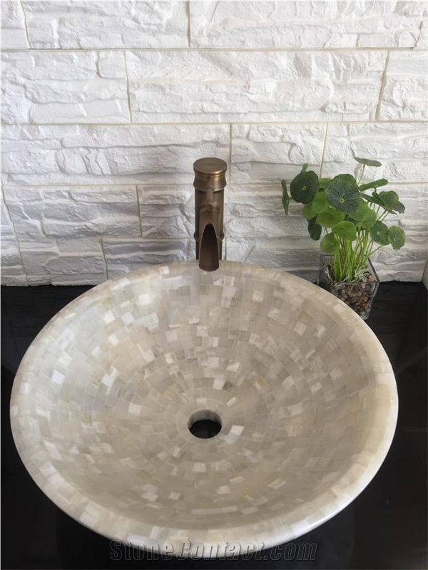 White Onyx Bath Basins, Onyx Mosaic Vessel Sinks