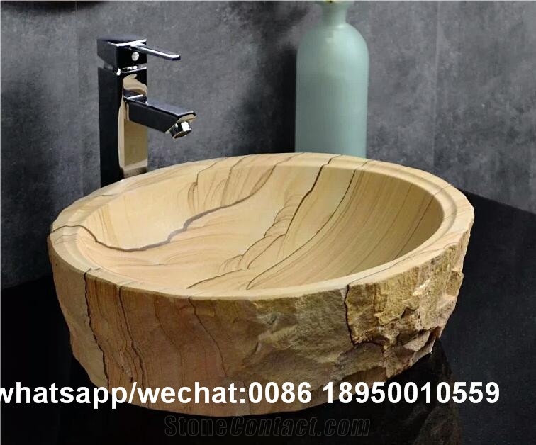 Yellow Sandstone Round Bath Vessel Wash Basin
