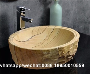 Yellow Sandstone Round Bath Vessel Wash Basin