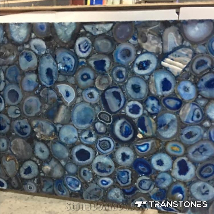 Blue Polished Agate Stone for Cafe Table Top