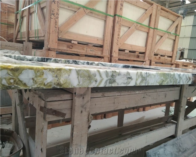 A Big Slab Cold Jade Green Marble Veins Countertop