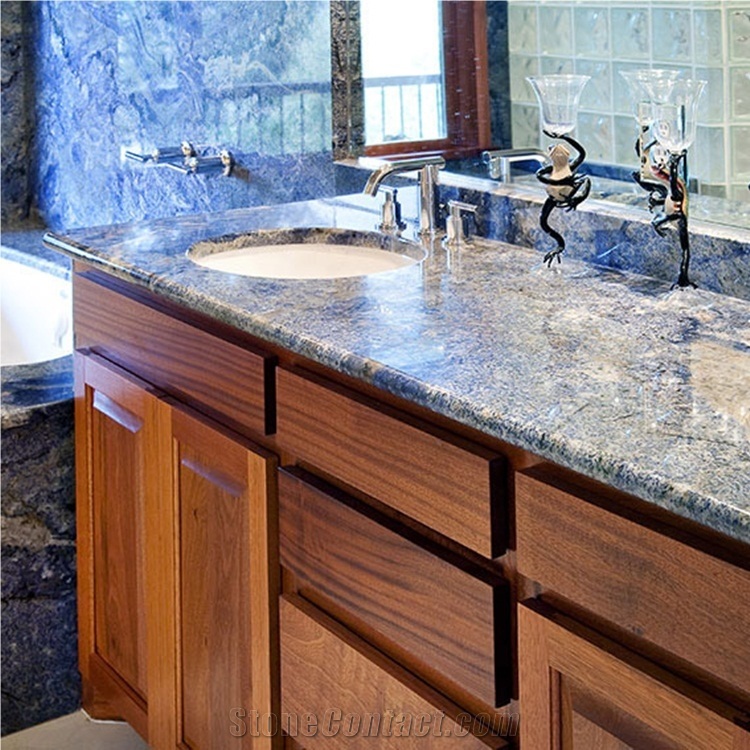 Custom Azul Bahia Blue Granite Bathroom Countertop