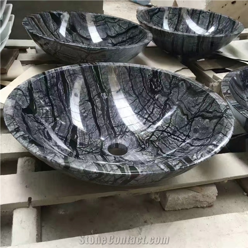 Black Ancient Wood Grain Vein Marble Wash Bowls