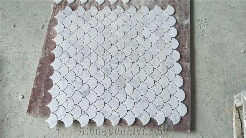 Carrara White Fish Scale Marble Backsplash Mosaics