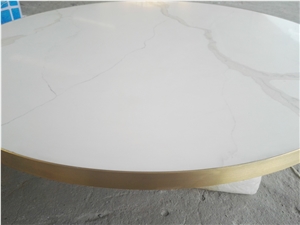 Calacatta White Quartz Table Tops with Brass Edge