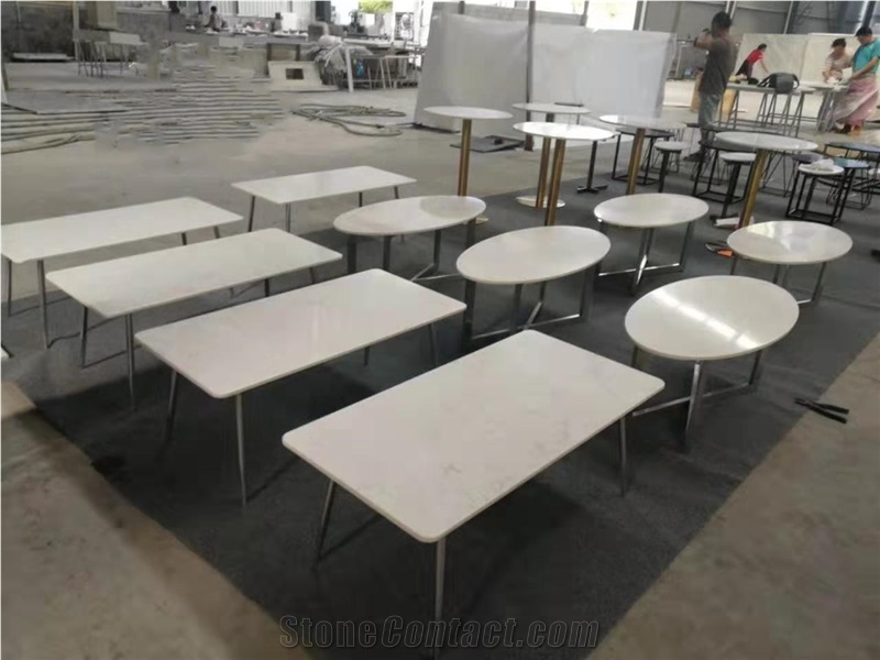 Pure White Quartz Polish Table Top with Metal Base