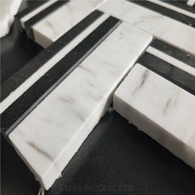 Black and White Marble Herringbones Mosaic Tiles