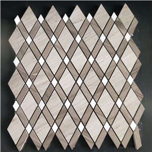 Rhombus Shaped Brown Wooden Marble Mosaic Tiles