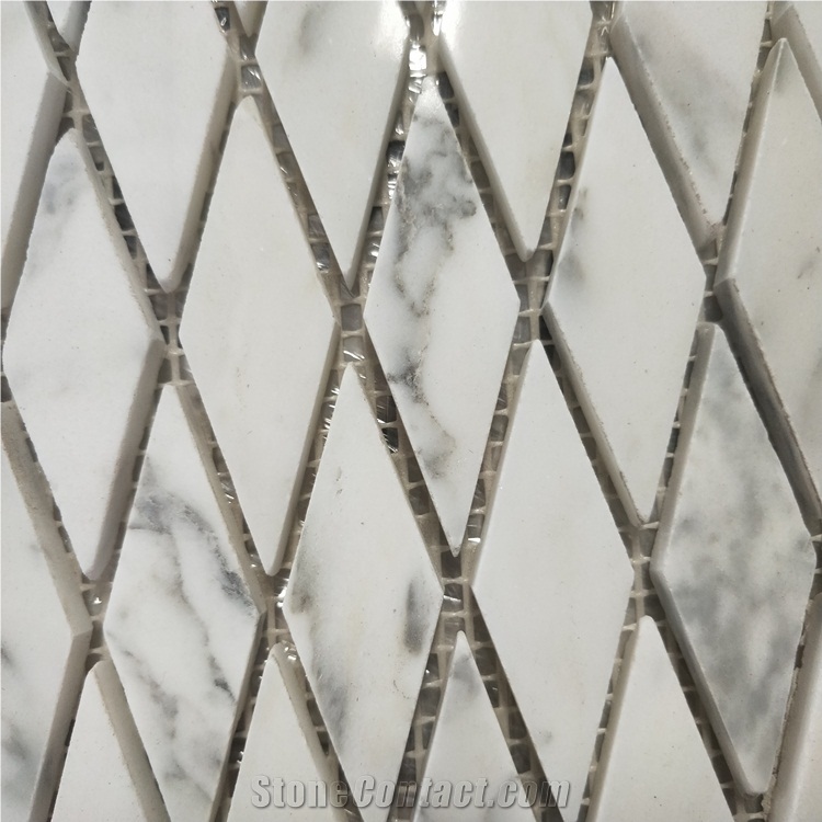 Rhombus Shaped Carrara White Marble Mosaic Tiles
