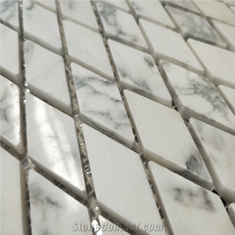 Rhombus Shaped Carrara White Marble Mosaic Tiles
