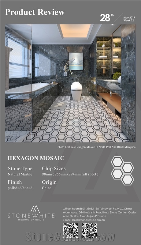 Negro Black Marquina Hexagon Marble Mosaic Pulido
