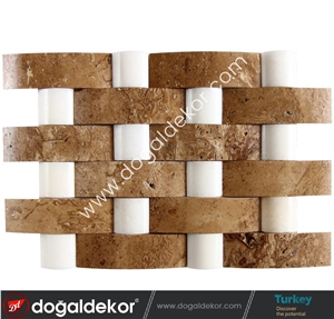 Noce Travertine and White Marble Wall Mosaic Tile