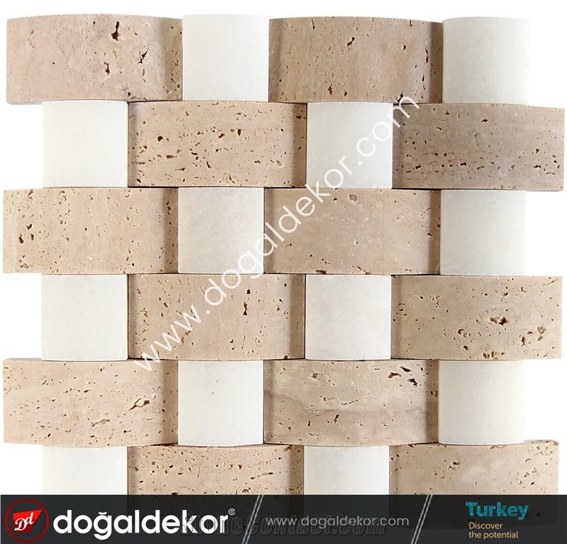 Travertine and White Marble Wall Mosaic Tile
