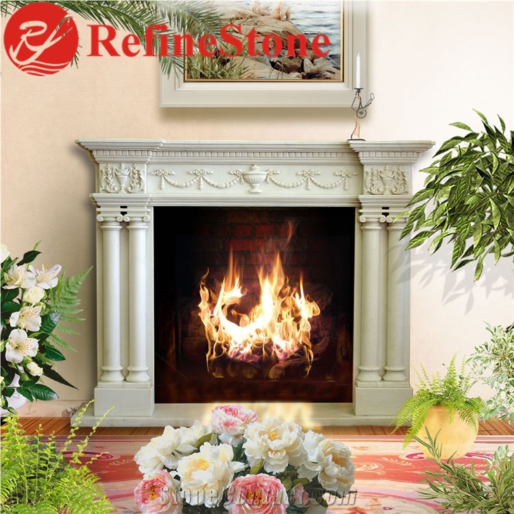Pillar Carved Fireplace Mantel in White Marble
