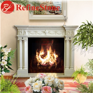 Pillar Carved Fireplace Mantel in White Marble
