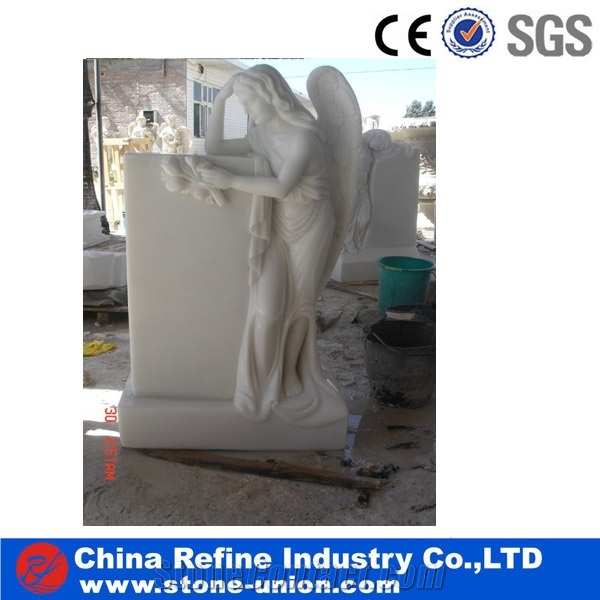 Single White Marble Angel Headstone Carving